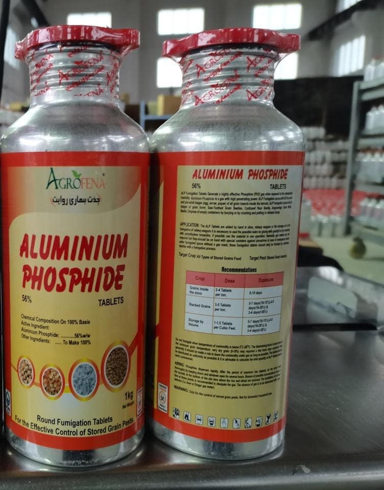 two bottles of Agrofena Aluminium Phosphide tablets 1 kg packaging